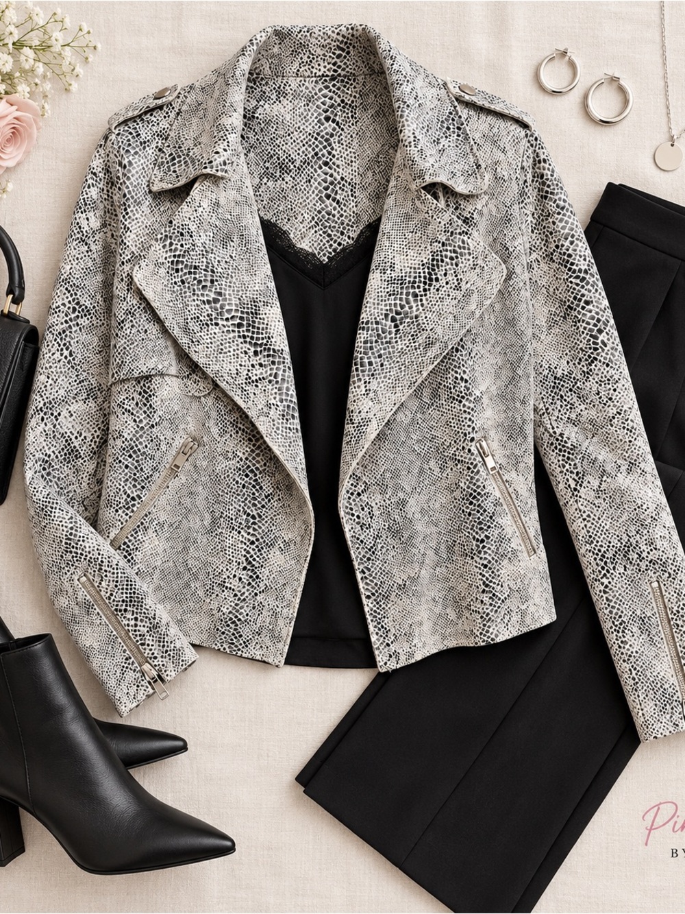 Skies Are Blue Snake Print Faux Suede Moto Jacket L